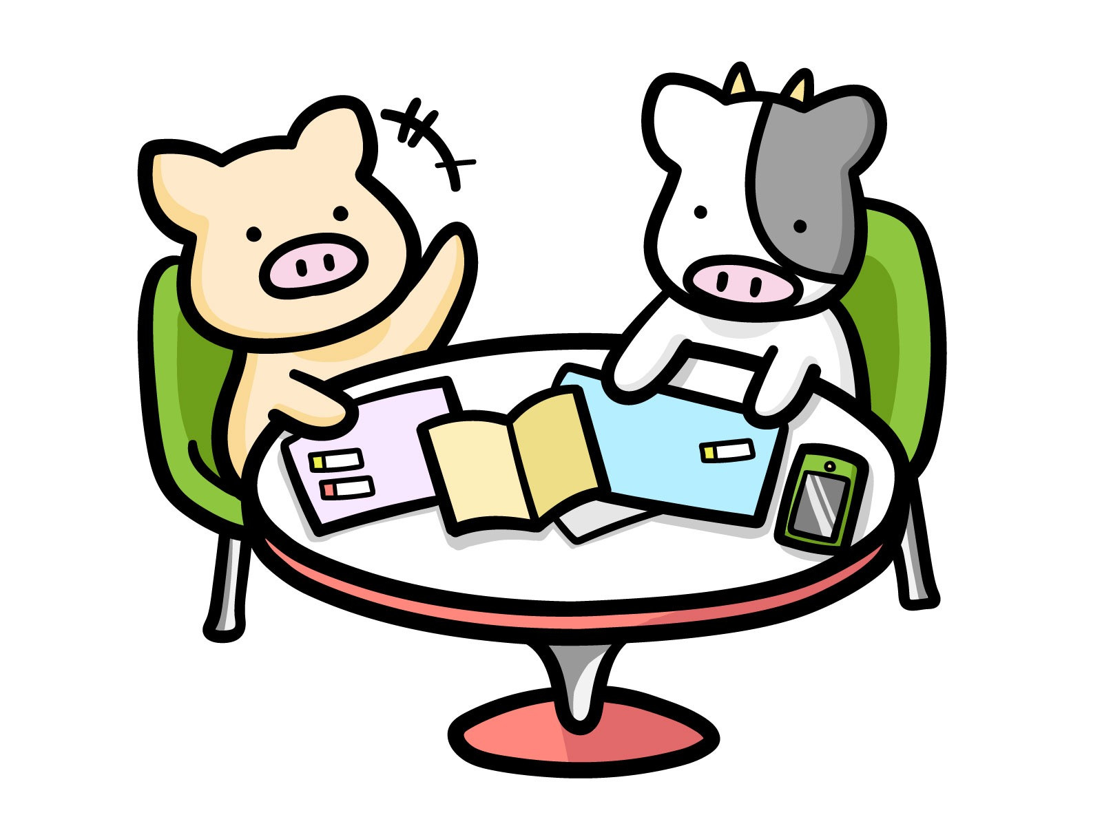 牛さんと馬さんが机を囲んで楽しそうに話しているイラストです