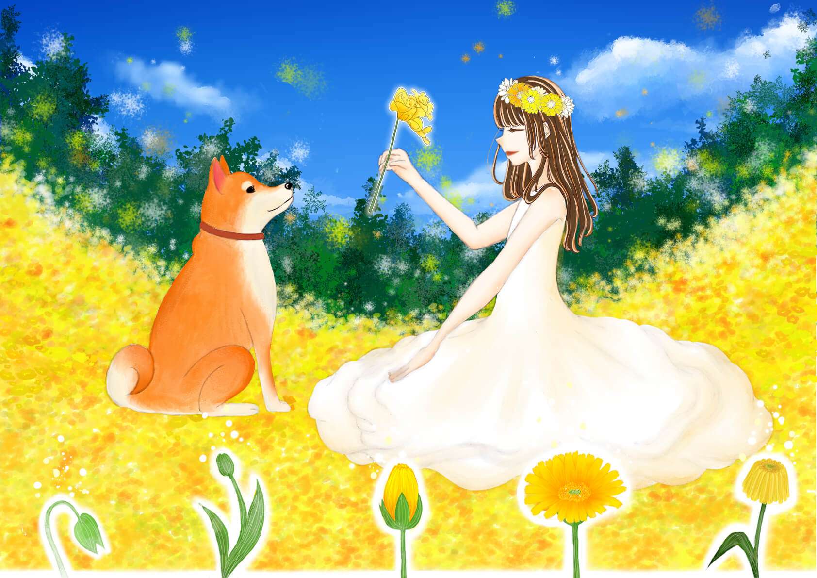 青空の下、一面黄色のお花畑で、白いドレスに花冠をかぶった女性がワンちゃんへ一凛の黄色い花を渡しているイラストです